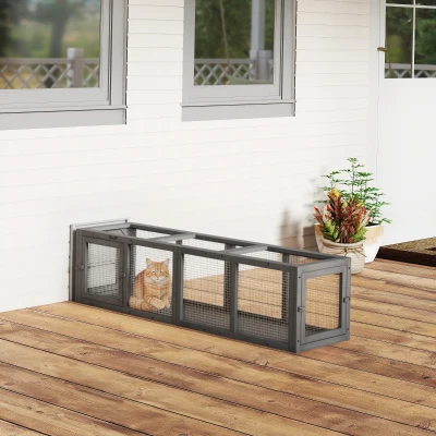PawHut 59" Outdoor Wooden Cat Tunnel Enclosure with 3 Doors, Gray