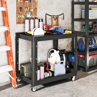 HOMCOM 2-Tier Rolling Tool Cart with Wheels, 500 LBS Capacity Plastic Utility Cart with Handle for Garage, Warehouse, Black