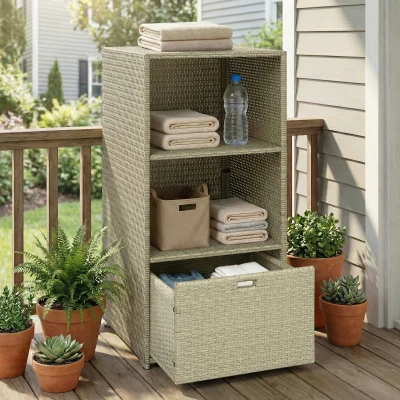 Outsunny Pool Towel Rack, Rattan Wicker Organizer with Shelves & Drawer