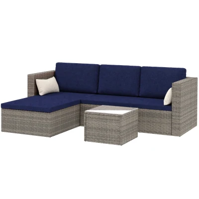Outsunny 3pcs Modern Rattan Sofa Set, Wicker Patio Furniture Set with Coffee Table, Cushions, Pillows