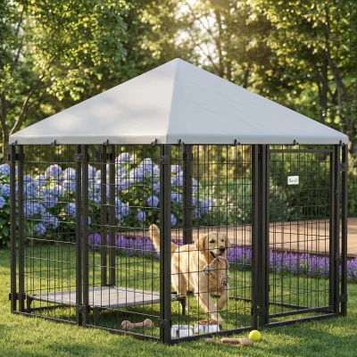 PawHut 4.6' Outdoor Dog Kennel, Welded Wire with Cover, Silver