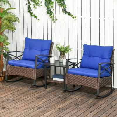 Outsunny 3 Pcs Outdoor PE Rattan Rocking Chair Set, Bistro Set with Two-tier Table, Padded Cushions for Garden, Dark Blue