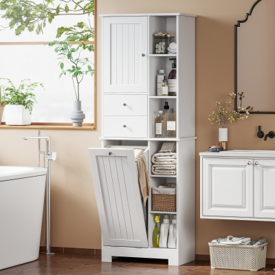 HOMCOM 67" Tall Bathroom Storage Cabinet, Slim Bathroom Cabinet with Tilt-Out Laundry Basket, White