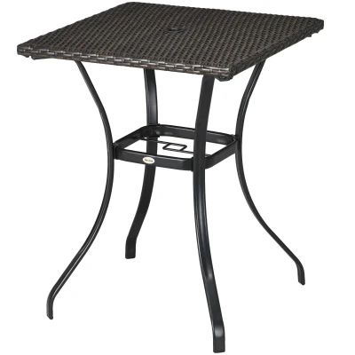 Outsunny Patio Wicker Dining Table with Umbrella Hole, 34 Inch Outdoor PE Rattan Coffee Table with Plastic Board Under the Woven Table Top for Patio, Garden, Balcony, Mixed Brown