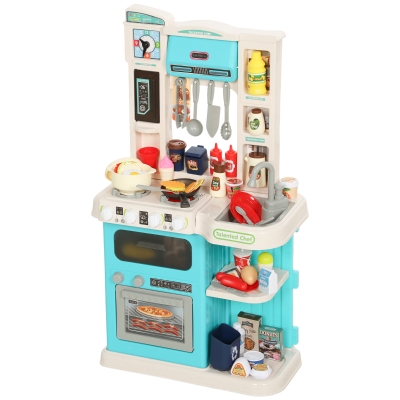 Qaba Kids Play Kitchen Set with Lights & 92 Toy Food, Green, Ages 3-6