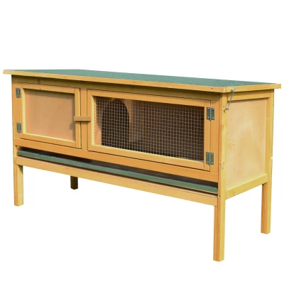 PawHut Wooden Rabbit Hutch, Indoor Outdoor Bunny Cage with Slide-Out Tray and Openable Roof, Small Animal Cage