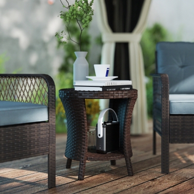 Outsunny 18" Wicker Outdoor Coffee Table, PE Rattan Patio Side Table with 2-Tier Storage, Composite Wood Top, Brown
