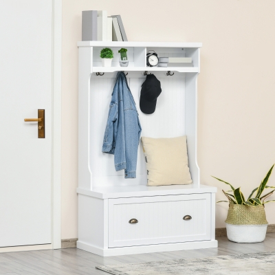 HOMCOM 64.5" H Hall Tree with Storage Drawer & Top Shelf, Coat Rack Wooden Entryway Storage Bench Hall Tree Hallway Clothes Bag Coat Rack 4 Hooks, White