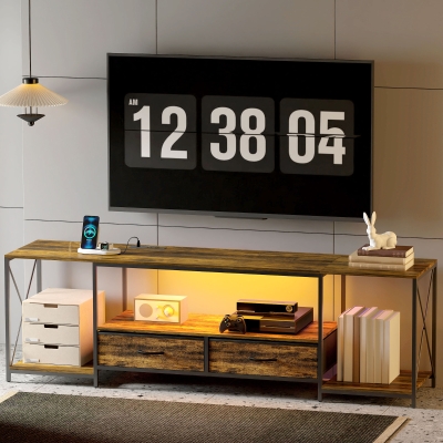 HOMCOM Industrial TV Stand for up to 60 Inch TV, TV Console with Charging Station and RGB LED Lights, Rustic Brown
