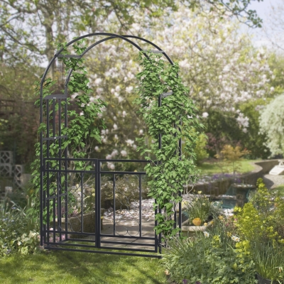 Outsunny 6.7 FT Steel Garden Arch with Gate Outdoor Courtyard Arbor for Climbing Vine Plants Lawn Backyard Decoration Dark Grey