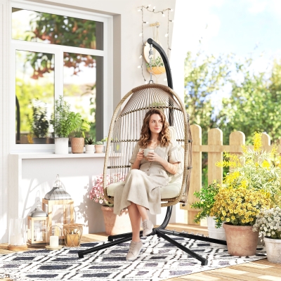 Outsunny Wicker Egg Swing Chair with Stand, Foldable Hanging Egg Chair with UV Resistant Cushion, Headrest, Beige