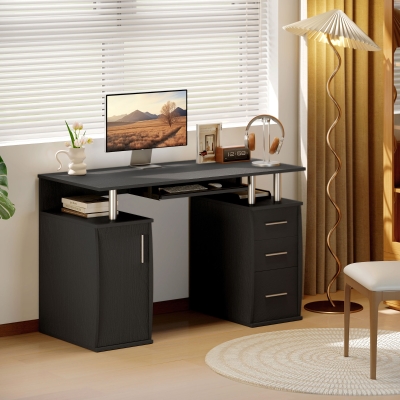 HOMCOM 47" Computer Desk with Keyboard Tray and Storage Drawers, Home Office Workstation Table with Storage Shelves, Black