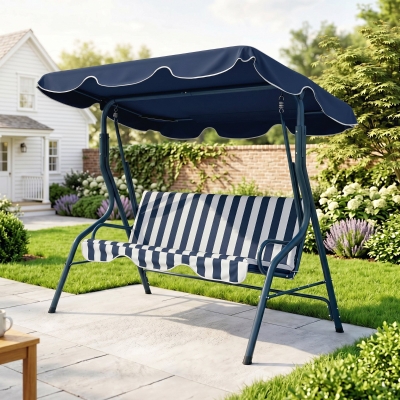 Outsunny Outdoor Porch Swing with Adjustable Canopy, 3-Seater Patio Swing Chair with Cushion, Blue