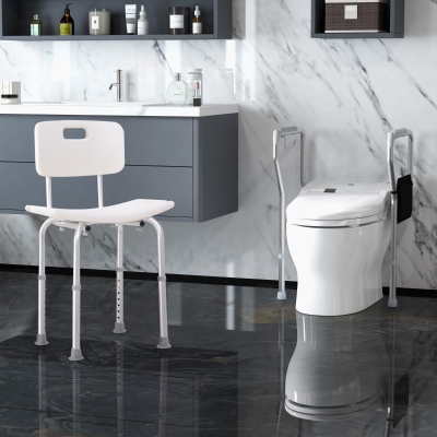 HOMCOM Shower Chair and Toilet Safety Rail Set, Height Adjustable Bath Chair, Width and Height Adjustable Toilet Rail, Assist Grab Bar for Seniors, Easy Installation