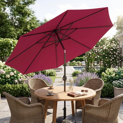 Outsunny 10' x 8' Round Market Umbrella, Patio Umbrella with Crank Handle and Tilt, Outdoor Parasol for Garden, Wine Red