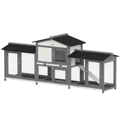 PawHut 90.5" Wooden Rabbit Hutch with Double Run Boxes, Light Gray
