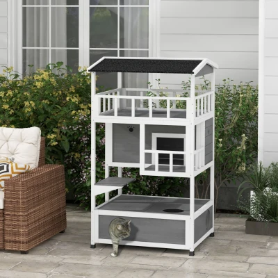 PawHut Wooden Outdoor Cat House, Light Gray
