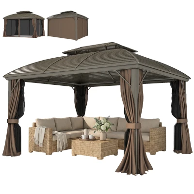 Outsunny 10' x 12' Hardtop Gazebo Canopy with Double Roof, Netting and Curtains for Garden, Backyard, Deck, Coffee