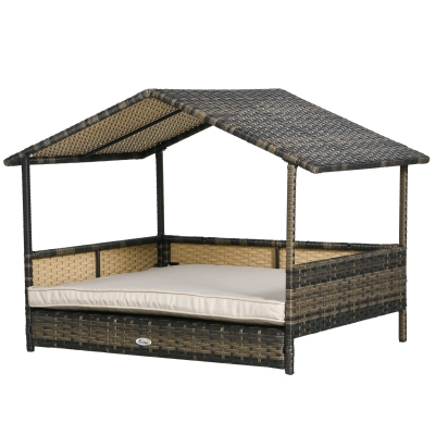 PawHut Wicker Dog House with Cushion, Khaki