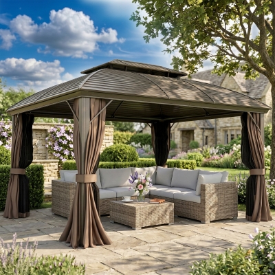 Outsunny 10' x 12' Hardtop Gazebo Canopy with Double Roof, Netting and Curtains for Garden, Backyard, Deck, Coffee