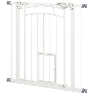 PawHut Auto-Close Pet Gate, Stair Gate with Cat Door, Double Locking for Doorways Hallways Stairs, Fits 29"-31.5" Wide, White