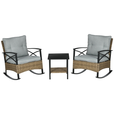 Outsunny 3 Piece Patio Rocking Chair Set, Outdoor Wicker Bistro Set with 2 Oversize Cushioned Porch Rockers and 2 Tier Coffee Table for Garden, Backyard, Light Gray