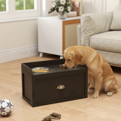 PawHut Elevated Dog Feeding Station with Storage, 2 Bowls, Coffee