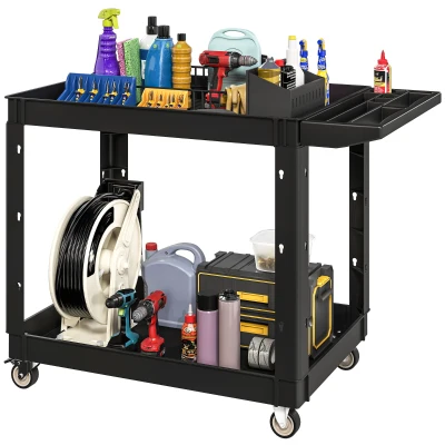 HOMCOM 2-Tier Rolling Tool Cart with Wheels, 500 LBS Capacity Plastic Utility Cart with Handle for Garage, Warehouse, Black