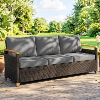 Outsunny 3-Seater Wicker Patio Sofa with Cushions, Gray