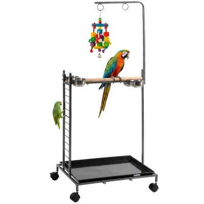PawHut Bird Stand with Wheels & Tray, Stainless Steel Bowls, Gray