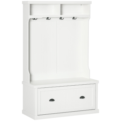HOMCOM 64.5" H Hall Tree with Storage Drawer & Top Shelf, Coat Rack Wooden Entryway Storage Bench Hall Tree Hallway Clothes Bag Coat Rack 4 Hooks, White
