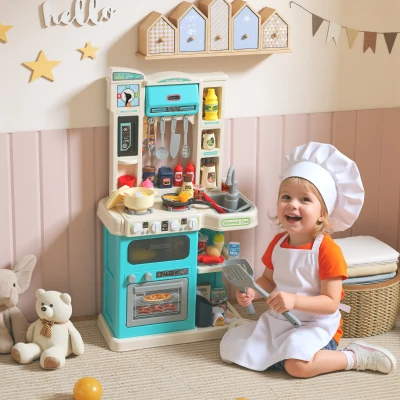 Qaba Kids Play Kitchen Set with Lights & 92 Toy Food, Green, Ages 3-6