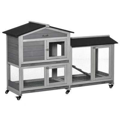 PawHut 62" Wooden Rabbit Hutch with Wheels, Run Box, Tray, Ramp for Small Animals, Guinea Pig, Indoor Outdoor Use, Light Grey