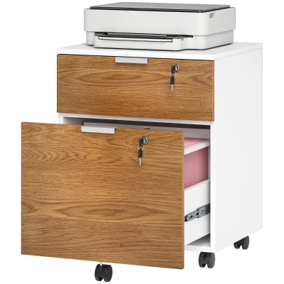 HOMCOM 2 Drawer Small Filing Cabinet Lockable Office Storage Cabinet with Hanging Bars for A4 Legal Letter White Nature Wood