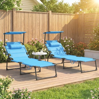 Outsunny 2 Pcs Outdoor Lounge Chair, Folding, 4-Position, Blue