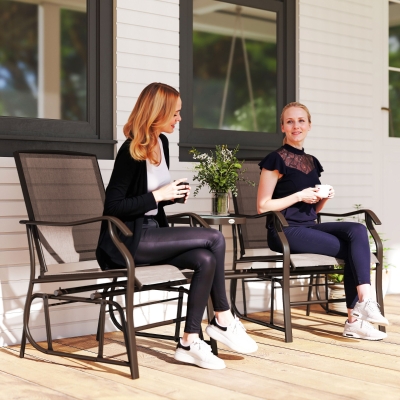 Outsunny Double Patio Glider Chair with Glass Top Center Table, Outdoor Glider Loveseat with High Back,  All Weather Breathable Mesh Fabric for Garden, Backyard, Deck, Brown