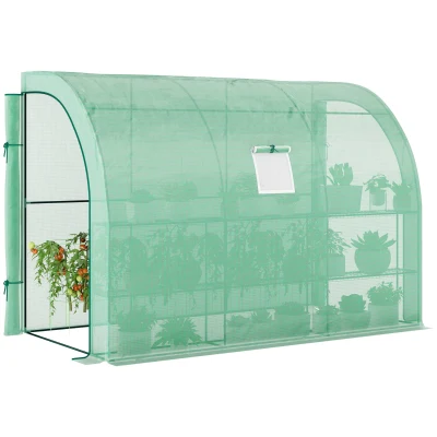 Outsunny Walk-in Wall Lean-to Greenhouse, 10' x 5' x 7' Outdoor Gardening Green House with PE Cover, Windows, Shelves and 2 Zipper Doors, Green