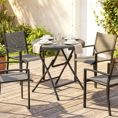 Outsunny Foldable Round Patio Table for 4, Outdoor Dining Table with HDPE Tabletop and Steel Frame, Dark Grey