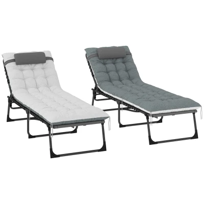 Outsunny Outdoor Lounge Chair Set of 2, Folding Chaise Lounge Tanning Chair with Cushion, Side Pocket, Grey