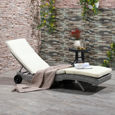 Outsunny Adjustable Wicker Chaise Lounge Chair, Cream White