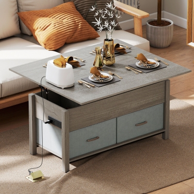 HOMCOM Lift Top Coffee Table, Center Table with 3 Hidden Compartments, 2 Fabric Drawers, Expandable Top and Charging Station