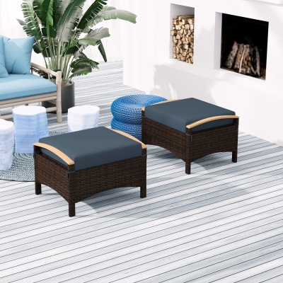 Outsunny 2 Pieces Wicker Outdoor Ottoman with Removable Cushion, Rattan Outdoor Footstool, Footrest and Side Table, Blue