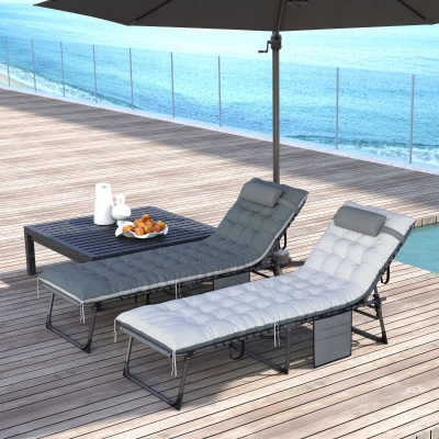Outsunny Outdoor Lounge Chair Set of 2, Folding Chaise Lounge Tanning Chair with Cushion, Side Pocket, Grey