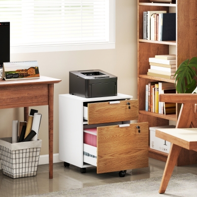 HOMCOM 2 Drawer Small Filing Cabinet Lockable Office Storage Cabinet with Hanging Bars for A4 Legal Letter White Nature Wood