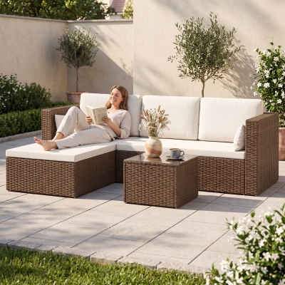 Outsunny 3pcs Modern Rattan Sofa Set, Wicker Patio Furniture Set with Coffee Table, Cushions, Pillows