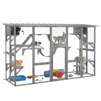 PawHut Catio Playground Enclosure for Multiple Cats, Gray