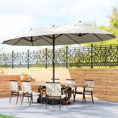 Outsunny 15' Outdoor Patio Umbrella with Twin Canopy Sunshade Steel Table Umbrella w/ Lift Crank, Cross Base, Sandbag, Cream