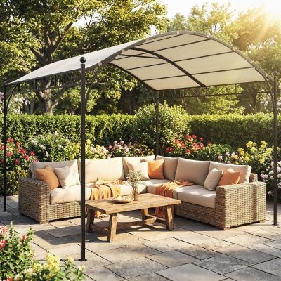 Outsunny 10' x 10' Outdoor Pergola with UV30+ Canopy Galvanized Steel Frame Sun Shade with Arched Top, Cream White