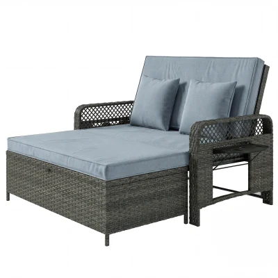 Outsunny 2 Pieces Patio Lounge Chair Set with Cushions, PE Wicker Outdoor Chaise Lounge with Adjustable Backrest, Side Trays