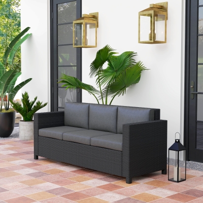 Outsunny Deluxe 3 Seat Rattan Wicker Sofa Garden Outdoor Patio Furniture with Cushion, Grey